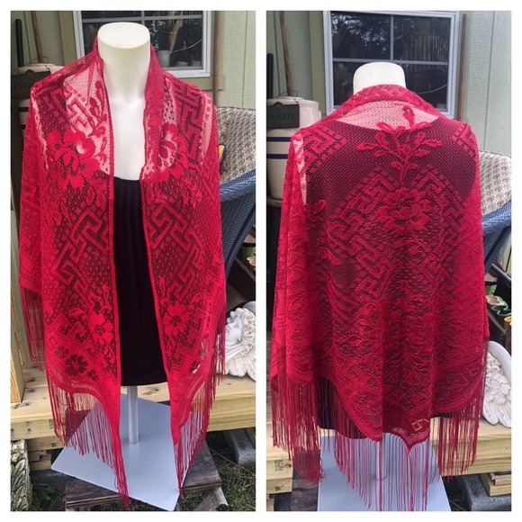Vintage Accessories - Vintage Red Lace Shawl Wrap w Fringe